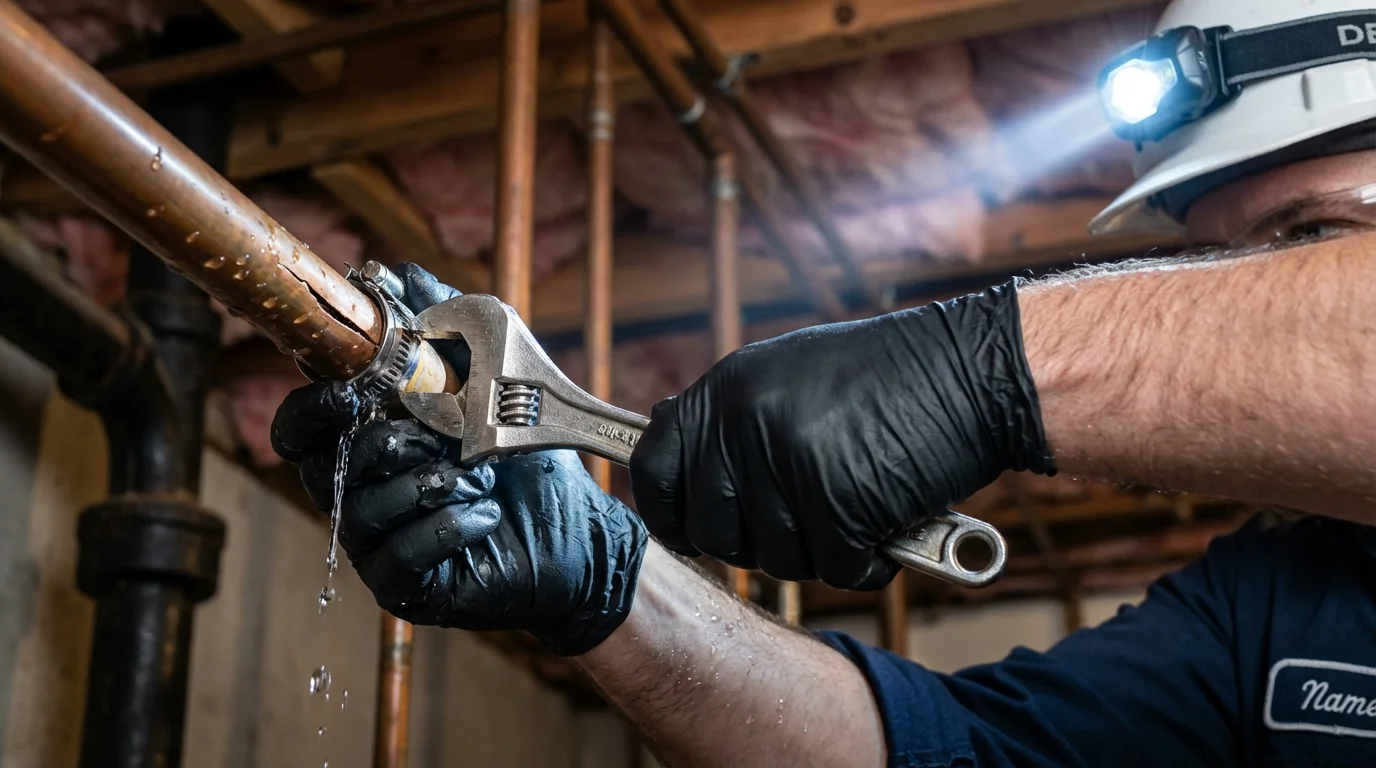 Emergency pipe clamp repair being performed by a Johns Plumbing LLC plumber in Dickson