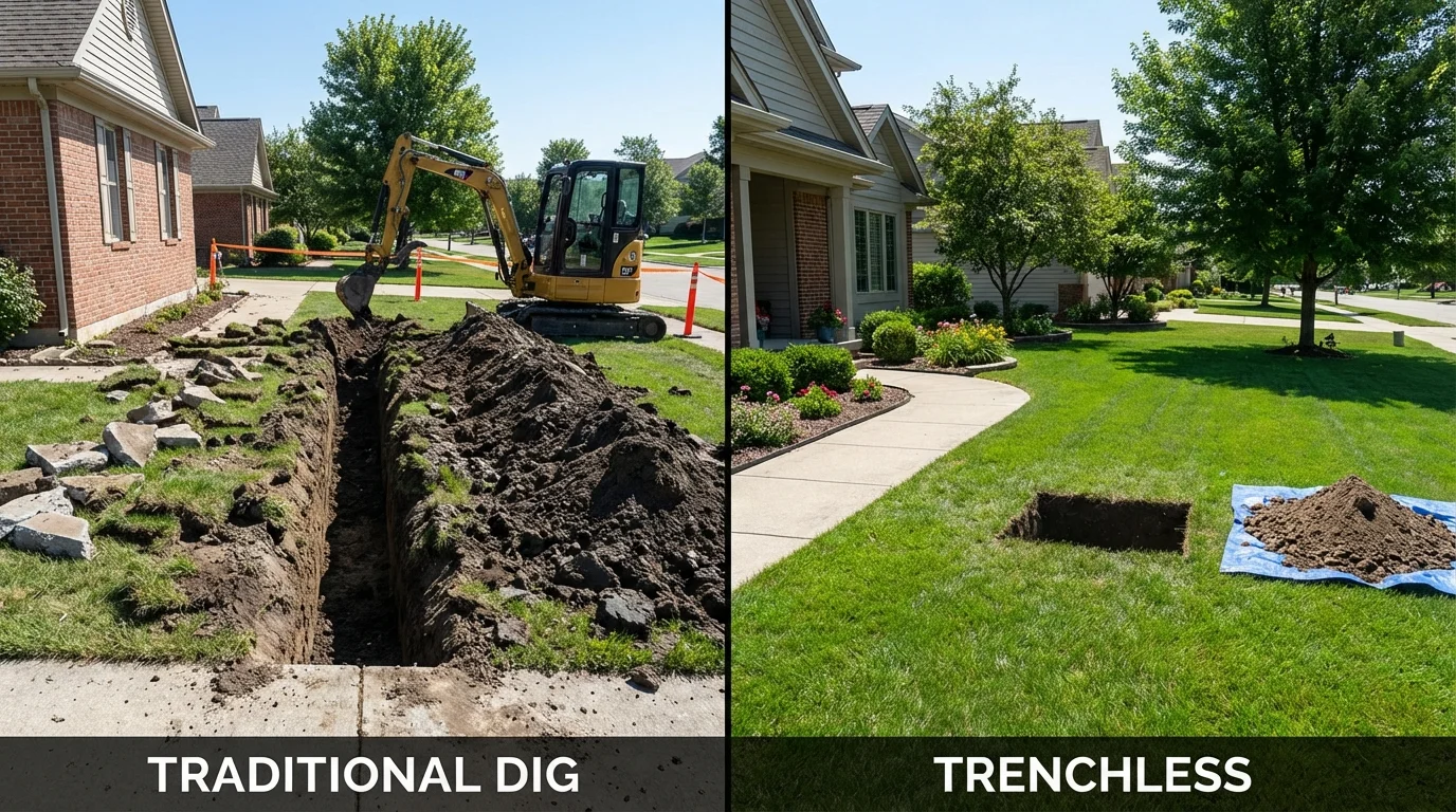Trenchless sewer repair with minimal yard damage versus traditional excavation in Dickson, TN